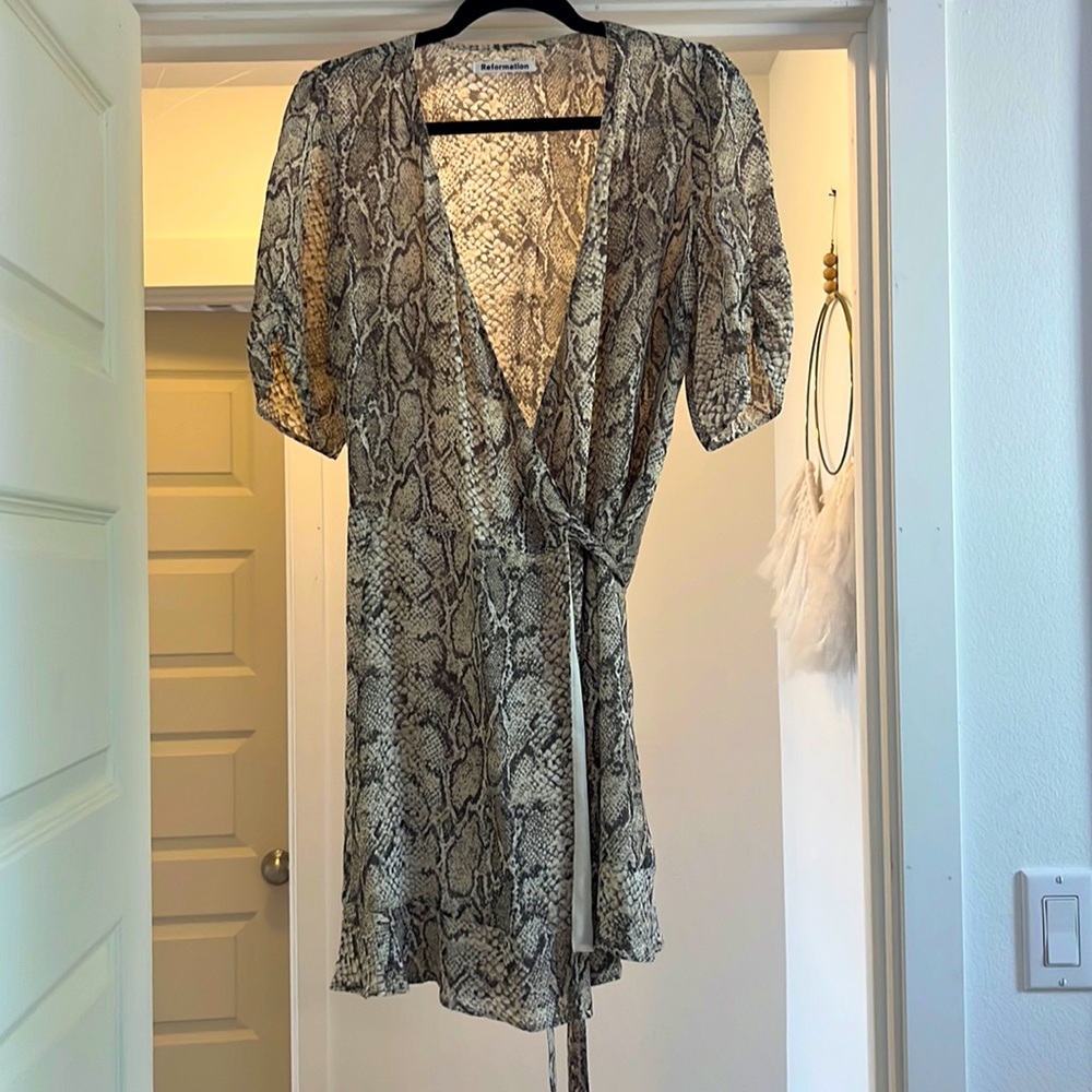 Reformation snake skin wrap mini dress